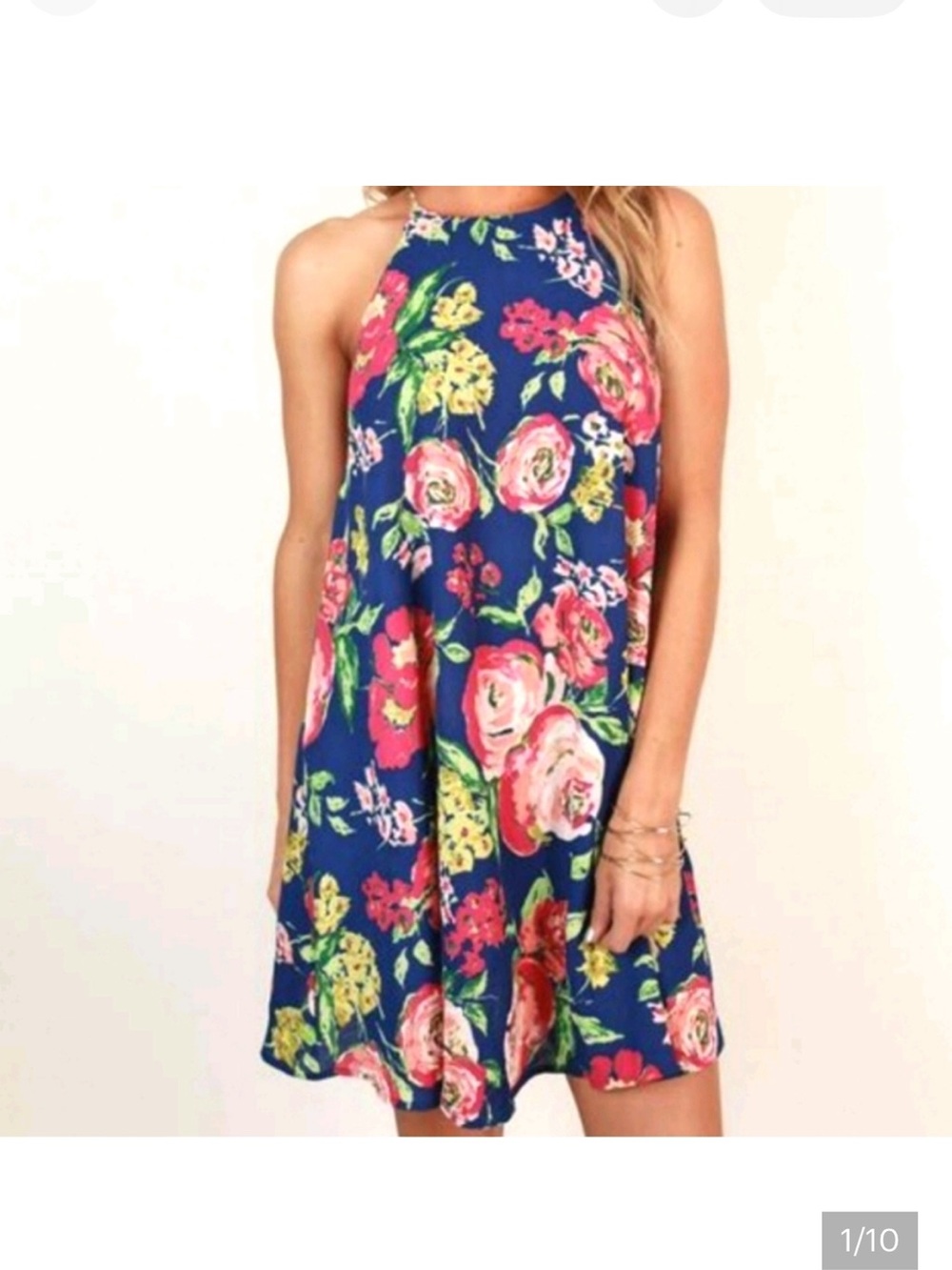 8/$20 Everly dress Swing Navy Floral Skater Skirt w/Pink & Green Accents small